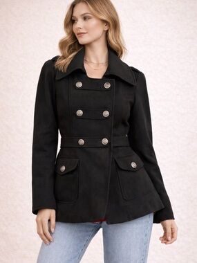 Womens Black Double-Breasted Military-Style Jacket
